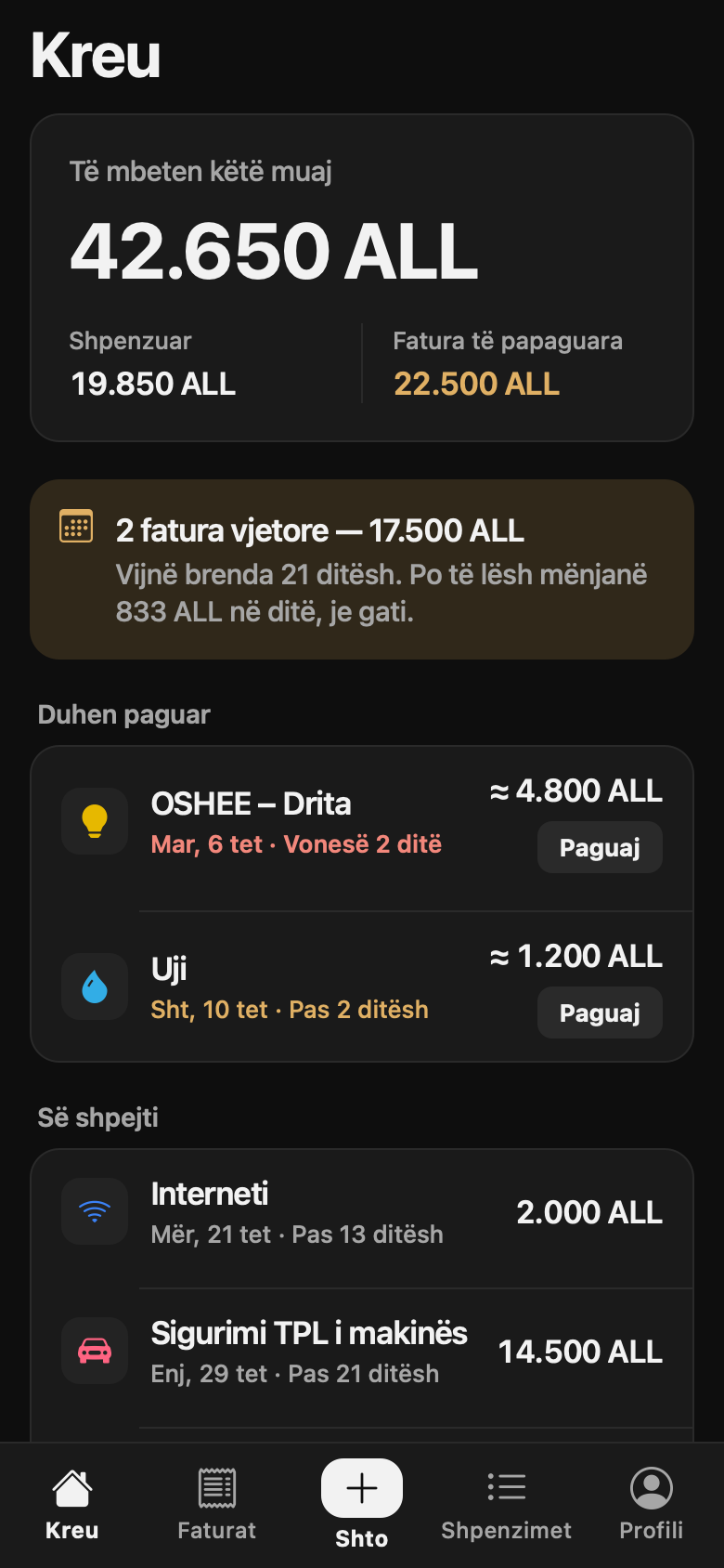 Ekrani kryesor në pamjen e errët